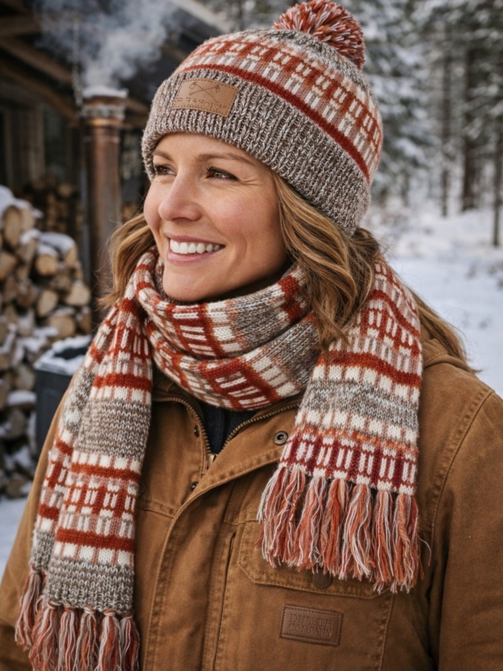 Duluth Trading Company Womens Holiday Knit Hat & Scarf Set Brown Red Winter